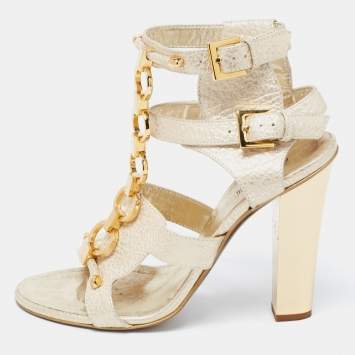Pre Owned Roberto Cavalli Gold Leather Metal Embellished Ankle Strap Sandals Size 37.5
