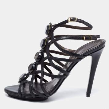 Pre Owned Roberto Cavalli Black Cut-Out Leather Embellished Ankle Strap Sandals Size 39