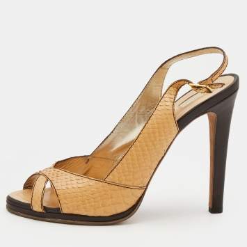 Pre Owned Roberto Cavalli Beige Python Embossed Leather Slingback Sandals Size 40