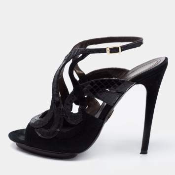 Pre Owned Roberto Cavalli Black Snakeskin Embossed Leather and Suede Ankle Strap Sandals Size 39.5