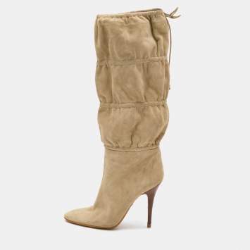 Pre Owned Roberto Cavalli Beige Suede Knee Length Boots Size 39