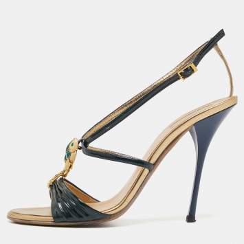 Pre Owned Roberto Cavalli Navy Blue Patent Leather Slingback Sandals Size 39