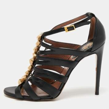 Pre Owned Roberto Cavalli Black Leather Strappy Sandals Size 39
