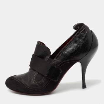 Pre Owned Roberto Cavalli Black Croc Embossed Leather and Suede Ankle Length Booties Size 37