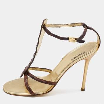Pre Owned Roberto Cavalli Brown Crocodile Leather Ankle Strap Sandals Size 38
