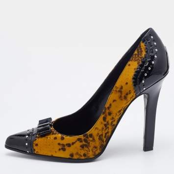Pre Owned Roberto Cavalli Multicolor Snakeskin Print Satin and Patent Leather Bow Pumps Size 40