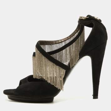Pre Owned Roberto Cavalli Black Suede Chain Embellished Ankle Strap Sandals Size 37