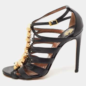 Pre Owned Roberto Cavalli Brown/Gold Leather Crystal Embellished Ankle Strap Sandals Size 36