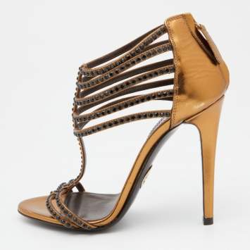Pre Owned Roberto Cavalli Gold Leather Ankle Strap Sandals Size Size 37