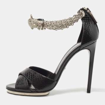 Pre Owned Roberto Cavalli Black Snakeskin Crystal Embellished Panther Sandals Size 39