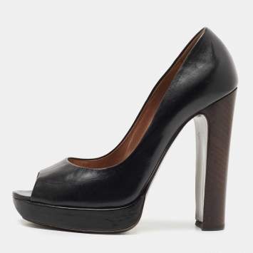 Pre Owned Roberto Cavalli Black Leather Peep Toe Platform Pumps Size 37