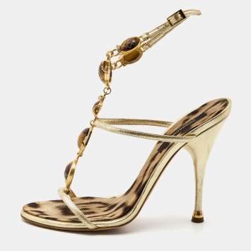 Pre Owned Roberto Cavalli Gold Leather Jeweled and Crystal Embellished T-Strap Sandals Size 38