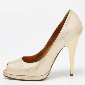 Pre Owned Roberto Cavalli Metallic Gold Leather Peep Toe Pumps Size 37