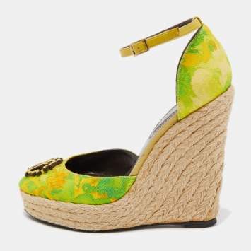 Pre Owned Roberto Cavalli Green/Yellow Printed Canvas Espadrille Wedge Ankle Strap Pumps Size 36.5