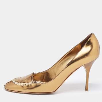 Pre Owned Roberto Cavalli Golden Foil Leather Loafers Pumps Size 38.5