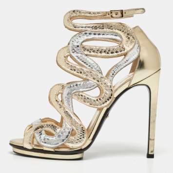 Pre Owned Roberto Cavalli Metallic Python Embossed Leather Ankle Strap Sandals Size 38