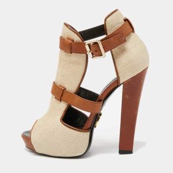 Pre Owned Roberto Cavalli Beige/Brown Raffia and Leather Double Strap Peep Toe Booties Size 38