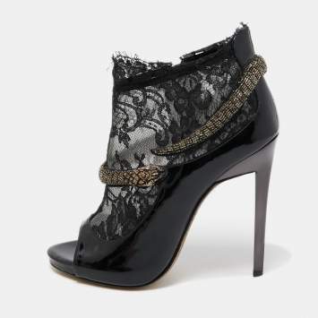 Pre Owned Roberto Cavalli Black Patent Leather And Mesh Beaded Snake Ankle Booties Size 38.5