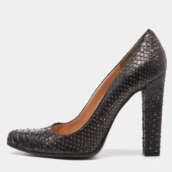 Pre Owned Roberto Cavalli Black/Gold Watersnake Leather Block Heel Pumps Size 39