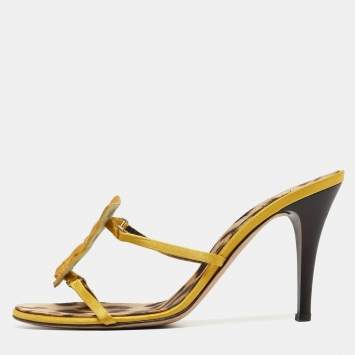 Pre Owned Roberto Cavalli Yellow Satin and Crocodile Slide Sandals Size 40