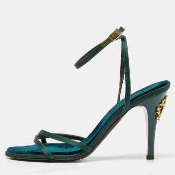 Pre Owned Roberto Cavalli Green Satin Ankle Strap Sandals Size 37.5