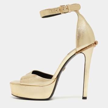 Pre Owned Roberto Cavalli Gold Leather Snake Detail Platform Ankle Strap Sandals Size 38