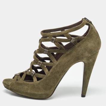 Pre Owned Roberto Cavalli Green Suede Strappy  Pumps Size 38.5 