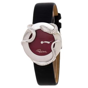 Pre Owned Roberto Cavalli Maroon Stainless Steel Diamonds Snake 7251165523 Women's Wristwatch 38 MM