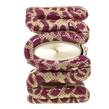 Pre Owned Roberto Cavalli Gold Plated Stainless Steel Burgundy Cleopatra R7253195647 Women's Wristwatch 42 mm