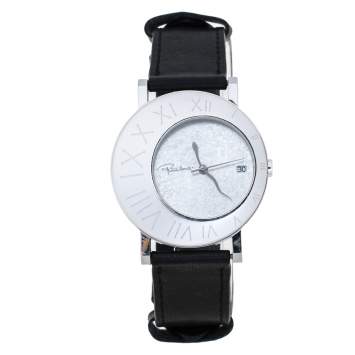Pre Owned Roberto Cavalli Silver Stainless Steel Leather Meteora R7251116015 Women's Wristwatch 39 mm