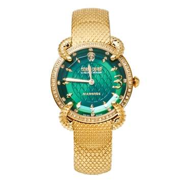 Pre Owned Roberto Cavalli By Frank Muller Green Gold Plated Stainless Steel Diamond Women's Wristwatch 34 mm
