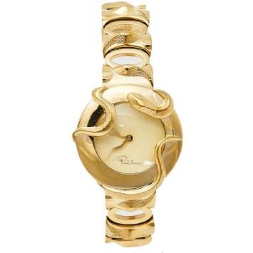 Pre Owned Roberto Cavalli Yellow Gold Plated Stainless Steel Snake 7253165517 Women's Wristwatch 37 mm