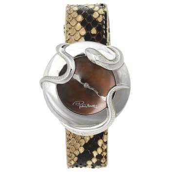 Pre Owned Roberto Cavalli Brown Stainless Steel Python Leather Snake SWL010 Women's Wristwatch 37 mm