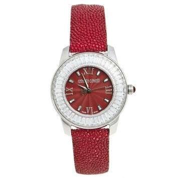 Pre Owned Roberto Cavalli Burgundy Stainless Steel Stingray Crystal Fugit R7251147585 Women's Wristwatch 37 mm