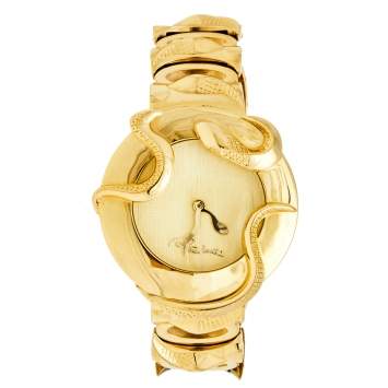 Pre Owned Roberto Cavalli Champagne Yellow Gold Plated Stainless Steel Snake R7253165517 Women's Wristwatch 37 mm
