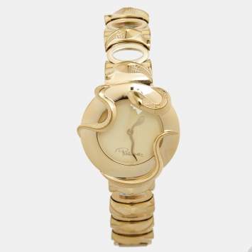 Pre Owned Roberto Cavalli Cream Gold Tone Stainless Steel Snake Women's Wristwatch 37 mm