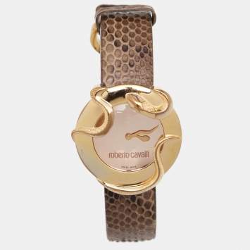 Pre Owned Roberto Cavalli Brown Gold Tone Stainless Steel Python 7251165917 Women's Wristwatch 37 mm