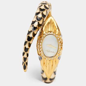 Pre Owned Roberto Cavalli White Mother Of Pearl Gold Plated Stainless Steel Enamel Snake R7253112545 Women's Wristwatch 22 mm