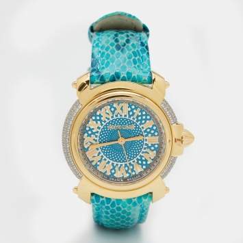 Pre Owned Roberto Cavalli Blue Gold Plated Stainless Steel Leather By Franck Muller 1L006 Women's Wristwatch 35 mm