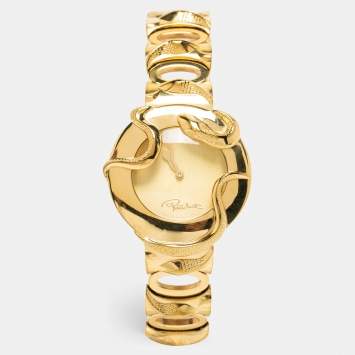 Pre Owned Roberto Cavalli Champagne Yellow Gold Plated Stainless Steel Snake R7253165517 Women's Wristwatch 37 mm