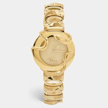 Pre Owned Roberto Cavalli Champagne Yellow Gold Plated Stainless Steel Snake R7253165517 Women's Wristwatch 37 mm