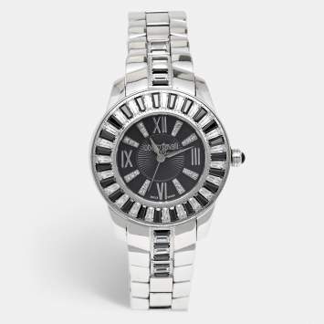 Pre Owned Roberto Cavalli Black Stainless Steel Tempus Fugit R7253147525 Women's Wristwatch 37 mm
