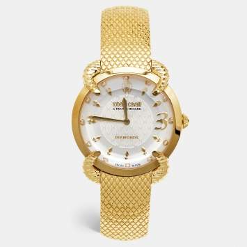 Pre Owned Roberto Cavalli by Franck Muller Silver Gold Plated Stainless Steel Diamond Snake Core RV2L002M0091 Women's Wristwatch 34 mm