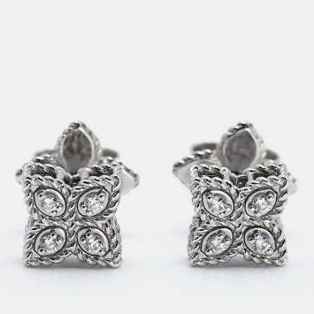 Pre Owned Roberto Coin Princess Flower Diamond Ruby 18k White Gold Earrings
