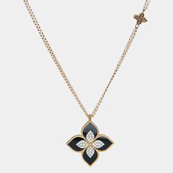 Pre Owned Roberto Coin Princess Flower Black Jade Diamonds 18k Rose Gold Large Model Pendant Necklace