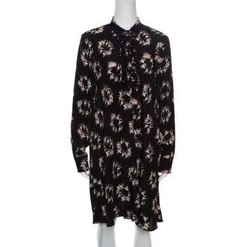 Pre Owned Rochas Black Ballerina Printed Silk Long Sleeve Shirt Dress L