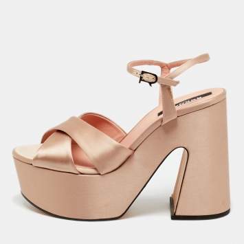 Pre Owned Rochas Rose Gold Satin Platform Crisscross Ankle Strap Sandals Size 40