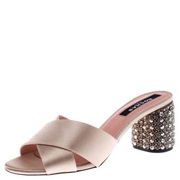 Pre Owned Rochas Beige Satin Cross Strap Crystal Embellished Block Heel Sandals Size 38