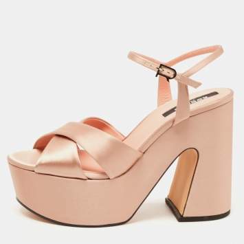 Pre Owned Rochas Beige Satin Platform Ankle Strap Sandals Size 40
