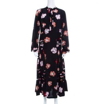 Pre Owned Rochas Black Floral Printed Silk Lace Trim Pintuck Detail Midi Dress M